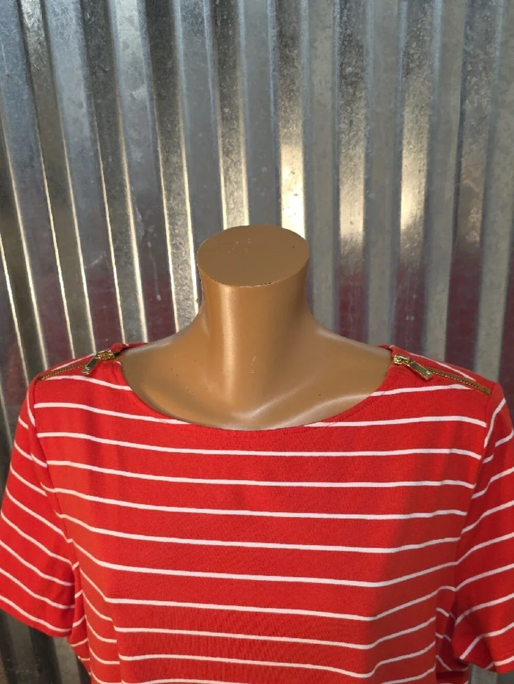Michael Kors Orange and White Striped Short Sleeve Top w/ Gold Shoulder Accents